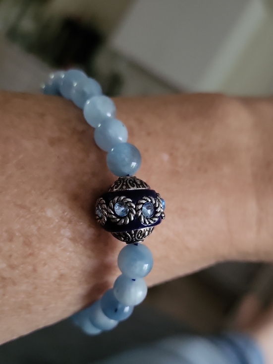 Hand Crafted Jewelry - Hand Crafted Aquamarine Beaded Stretch Bracelet with Art Bead Center